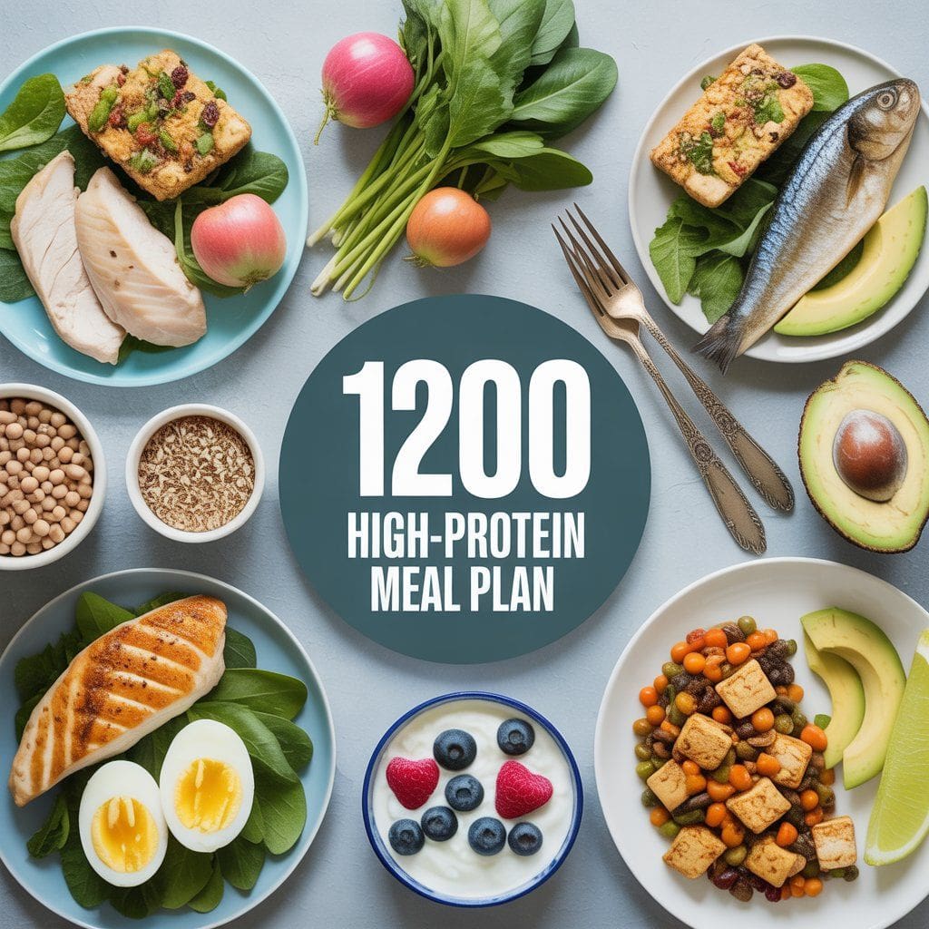 A realistic flat lay of a 1200 calorie high-protein diet meal plan featuring chicken breast, grilled fish, boiled eggs, Greek yogurt with berries, tofu stir-fry, legumes, fresh vegetables, avocado, and small portions of whole grains arranged neatly.