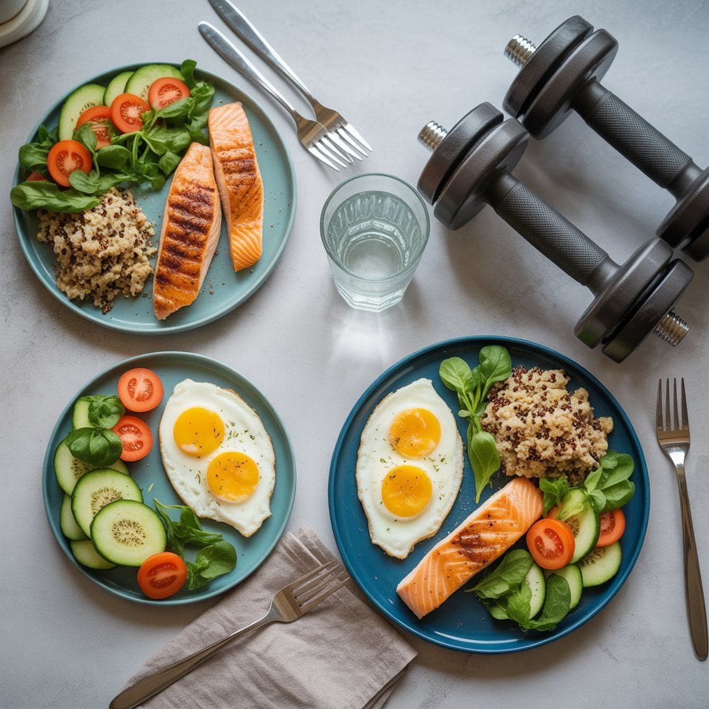 “Balanced high protein meal plan with grilled chicken, salmon, eggs, yogurt, vegetables, quinoa, water glass, and dumbbells for a healthy 1200 calorie diet.”