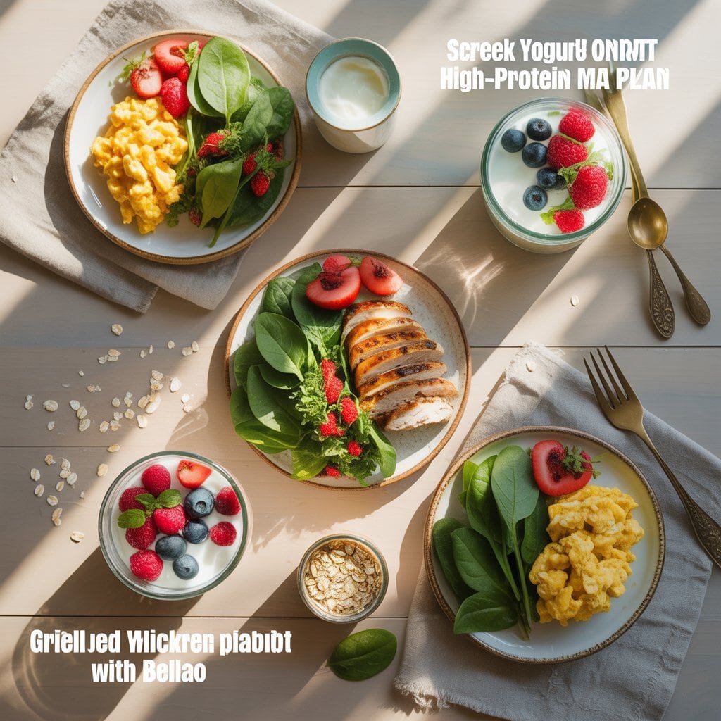 "Realistic flat lay of a 1200 calorie high-protein meal plan showing balanced meals including scrambled eggs with spinach, grilled chicken salad, baked salmon with broccoli, Greek yogurt, parfait with berries, turkey avocado wrap, tofu stir-fry, cottage cheese, protein smoothie, quinoa chickpea salad, grilled shrimp, and hard-boiled eggs on a clean table with natural lighting."