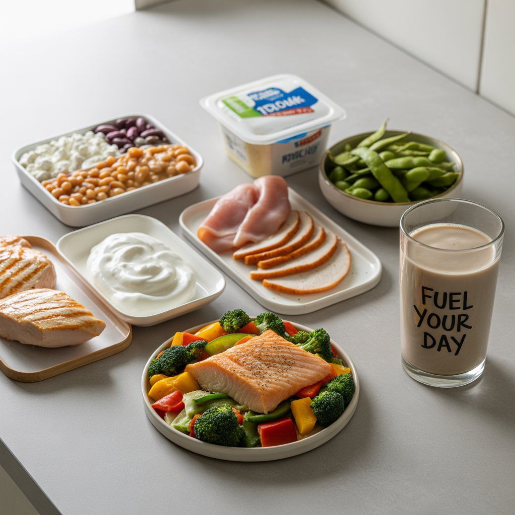 Flat lay of lean, high-protein, low-calorie foods including grilled chicken breast, salmon, turkey slices, egg whites, Greek yogurt, cottage cheese, edamame, tofu stir-fry with vegetables, beans with rice, and a protein shake on a clean kitchen counter.