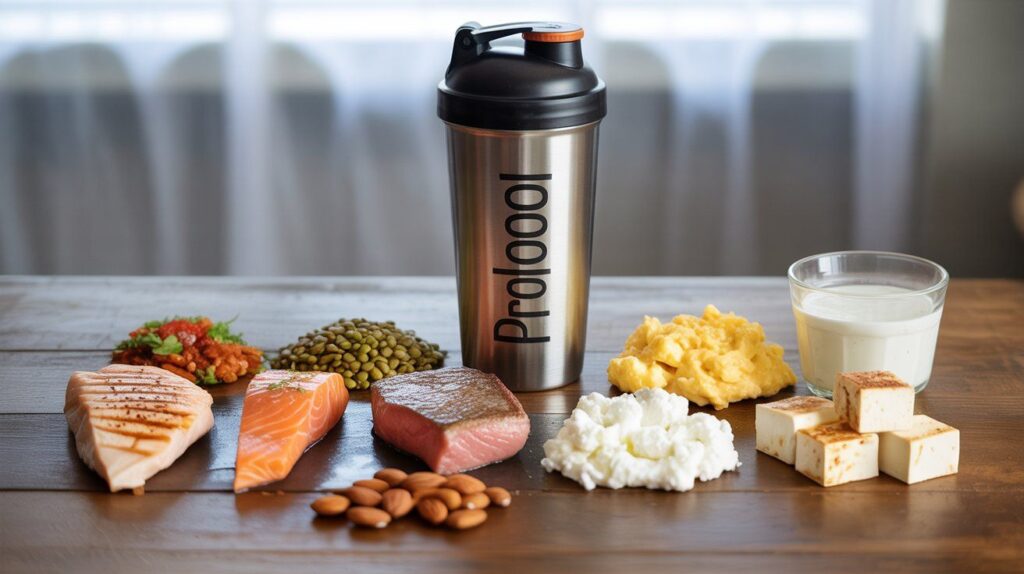 "Realistic flat lay of high-protein foods including chicken, salmon, steak, eggs, Greek yogurt, tofu, lentils, almonds, and protein shake representing 300 grams of protein a day."