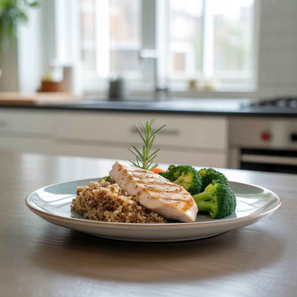 "Realistic plate of grilled chicken breast with quinoa and steamed vegetables, showing a healthy meal containing about 40 grams of protein."