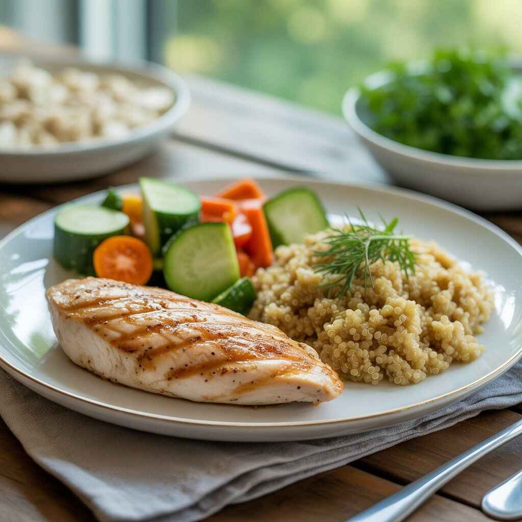 Balanced high-protein meal with grilled chicken breast, quinoa, and steamed vegetables on a white plate.