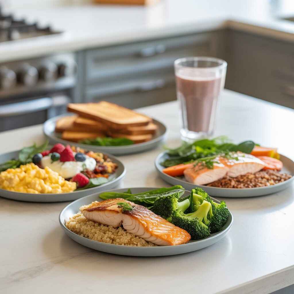"Realistic high-protein meals showing 40 grams of protein at breakfast, lunch, dinner, and a post-workout shake, displayed in a bright kitchen setting."