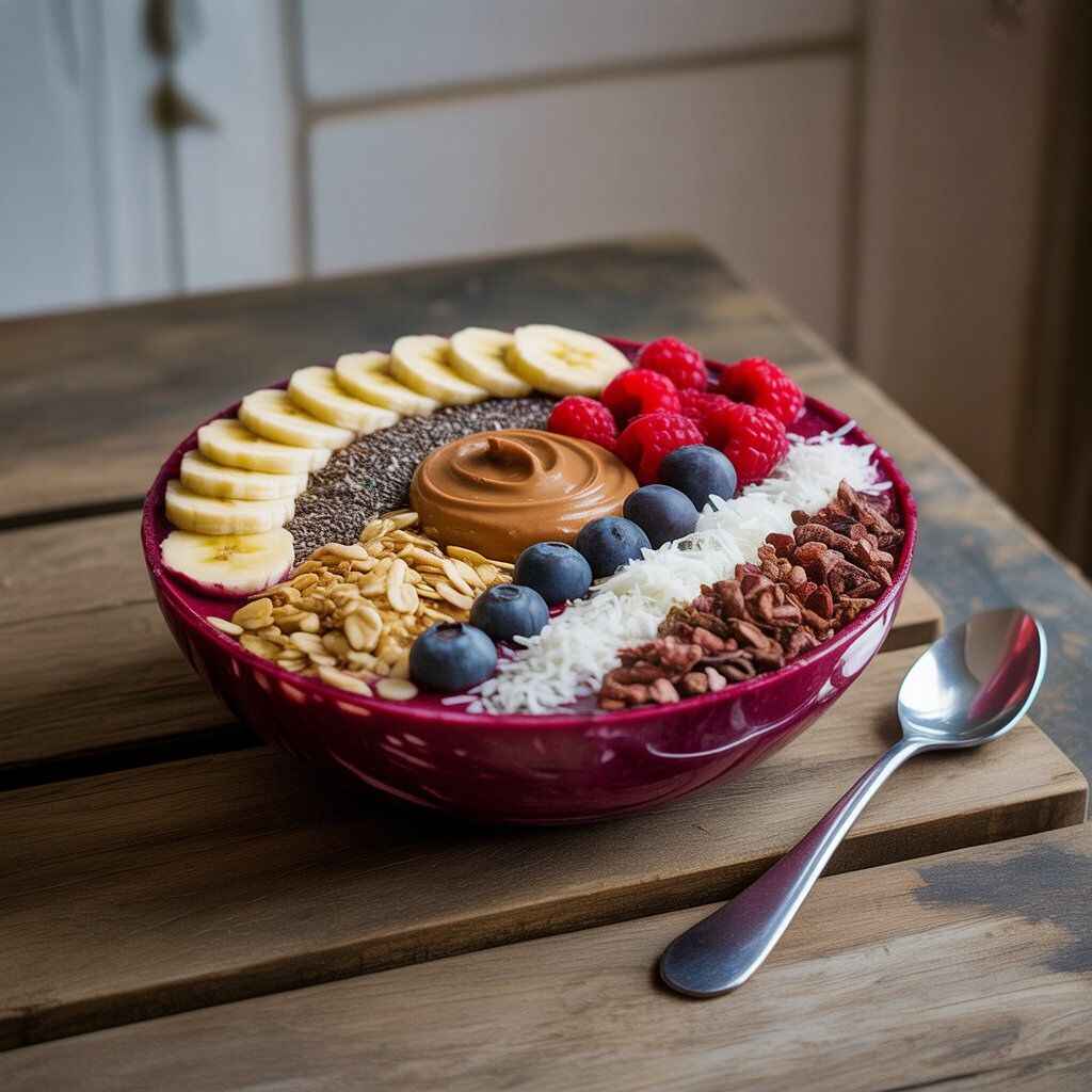 Realistic acai bowl topped with granola, hemp seeds, chia seeds, almond butter, sliced banana, fresh berries, shredded coconut, and cacao nibs.