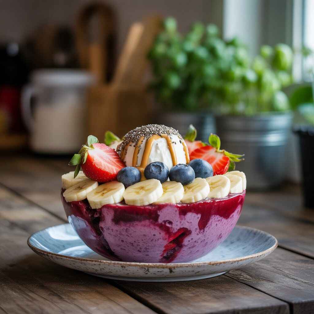 Realistic acai bowl topped with bananas, strawberries, blueberries, chia seeds, and almond butter drizzle, styled as a high-protein breakfast on a wooden table