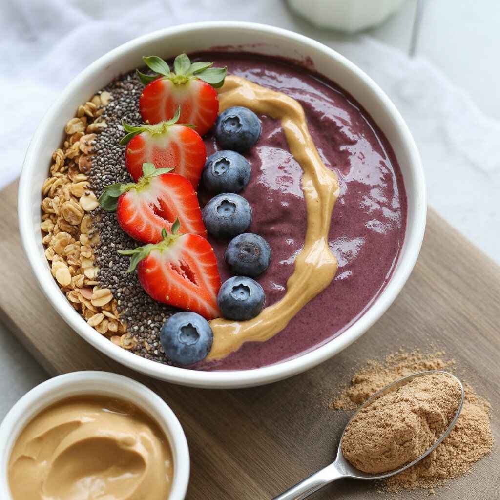 “Realistic acai bowl with protein topped with granola, chia seeds, strawberries, blueberries, and peanut butter drizzle, served with Greek yogurt and protein powder.”