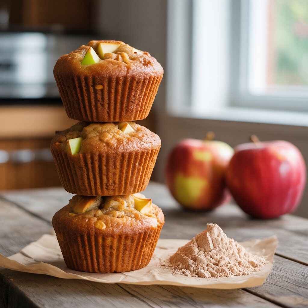 Golden-brown apple protein muffins with apple pieces and oats, surrounded by fresh apples and a scoop of protein powder on a rustic wooden table.