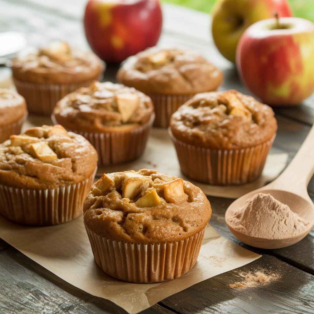 Realistic apple protein muffins on a rustic wooden table with fresh apples and protein powder nearby, golden brown and moist with apple chunks.