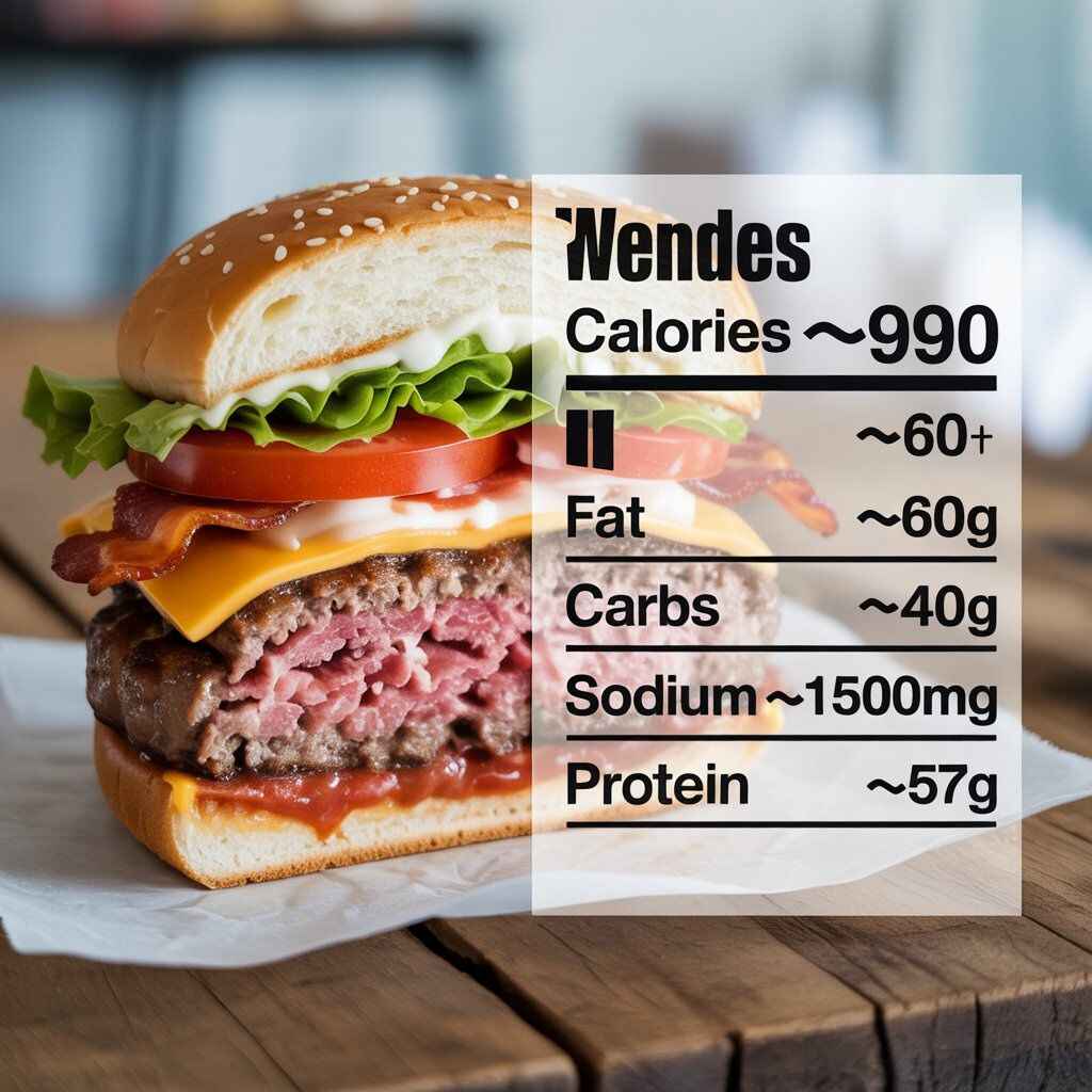 A Wendy’s Baconator burger on a wooden table, stacked with two beef patties, melted cheese, crispy bacon strips, ketchup, mayonnaise, and a toasted bun, photographed in a realistic, appetizing style.