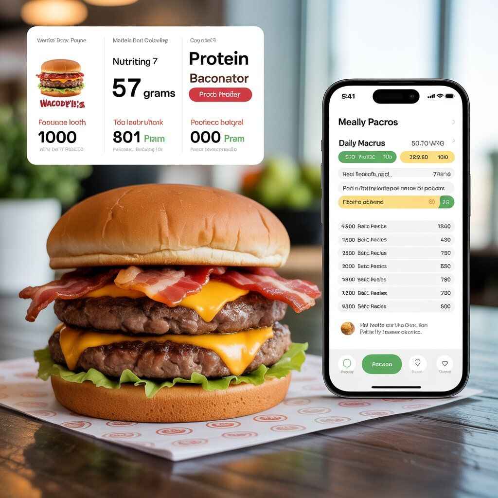 "Realistic Wendy’s Baconator burger with nutrition facts showing 57 grams of protein, placed beside a meal planning app tracking daily macros on a wooden table."