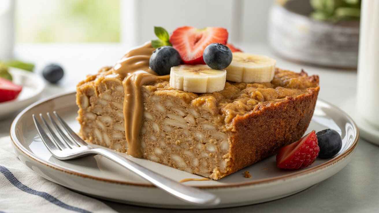 Freshly baked protein oats cut into neat squares, topped with banana slices, berries, and a drizzle of peanut butter on a white plate in a bright kitchen setting