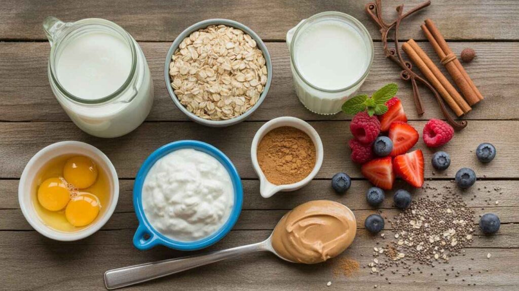 Flat lay of ingredients for baked protein oats, including rolled oats, protein powder, Greek yogurt, almond milk, egg whites, cinnamon sticks, vanilla extract, berries, chia seeds, and peanut butter on a rustic wooden table.