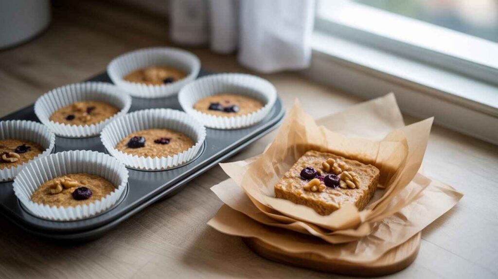 Neatly sliced baked protein oats stored in meal prep containers, with some wrapped for freezing and muffin-style portions on a wooden kitchen counter.