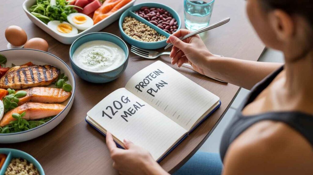 "Balanced high-protein meal plan with chicken, salmon, eggs, Greek yogurt, quinoa, and vegetables on a wooden table, alongside a notebook labeled '120g Protein Meal Plan' for fitness and daily nutrition