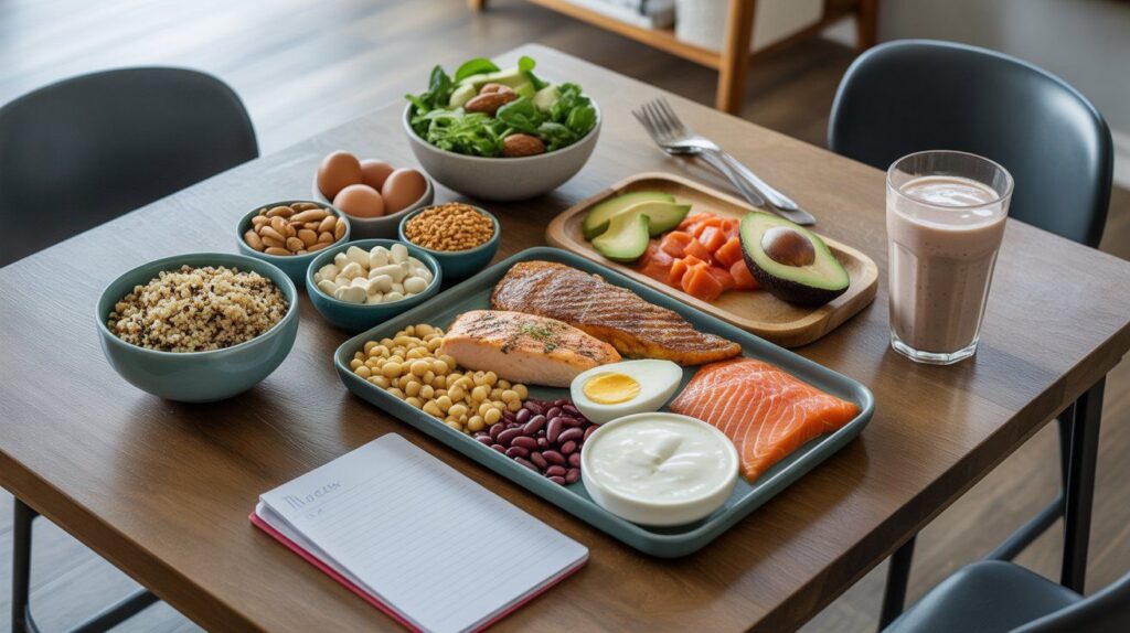 Balanced high-protein meal with chicken, salmon, eggs, tofu, beans, cottage cheese, and protein shake alongside quinoa, greens, avocado, and nuts, symbolizing careful meal planning and moderation.