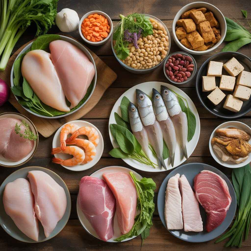 Top-down view of a rustic wooden table with raw protein sources for crockpot cooking, including chicken breast, lean turkey, pork loin, shrimp, white fish, beans, lentils, tofu, and tempeh, arranged with fresh vegetables and herbs.