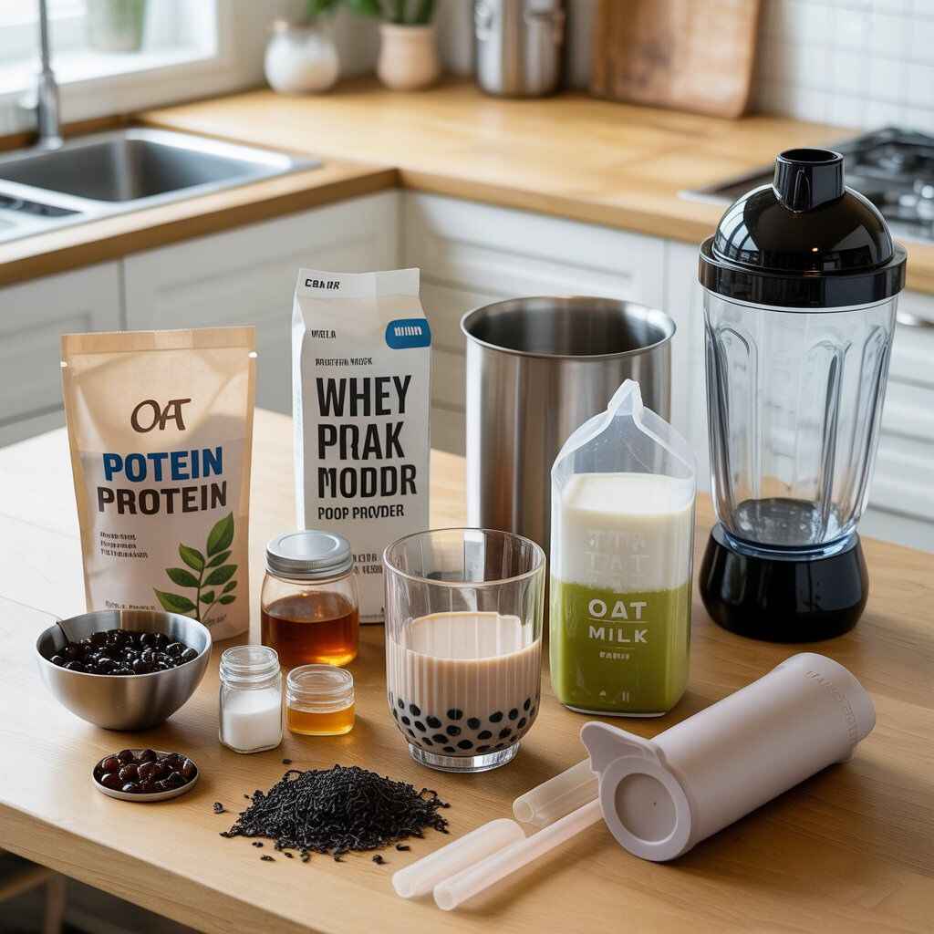 Flat lay of boba tea protein ingredients and tools, including tea leaves, matcha powder, oat milk, whey protein scoop, tapioca pearls, sweeteners, pot, shaker, blender, and a tall glass of milk tea with wide straw on a wooden table.