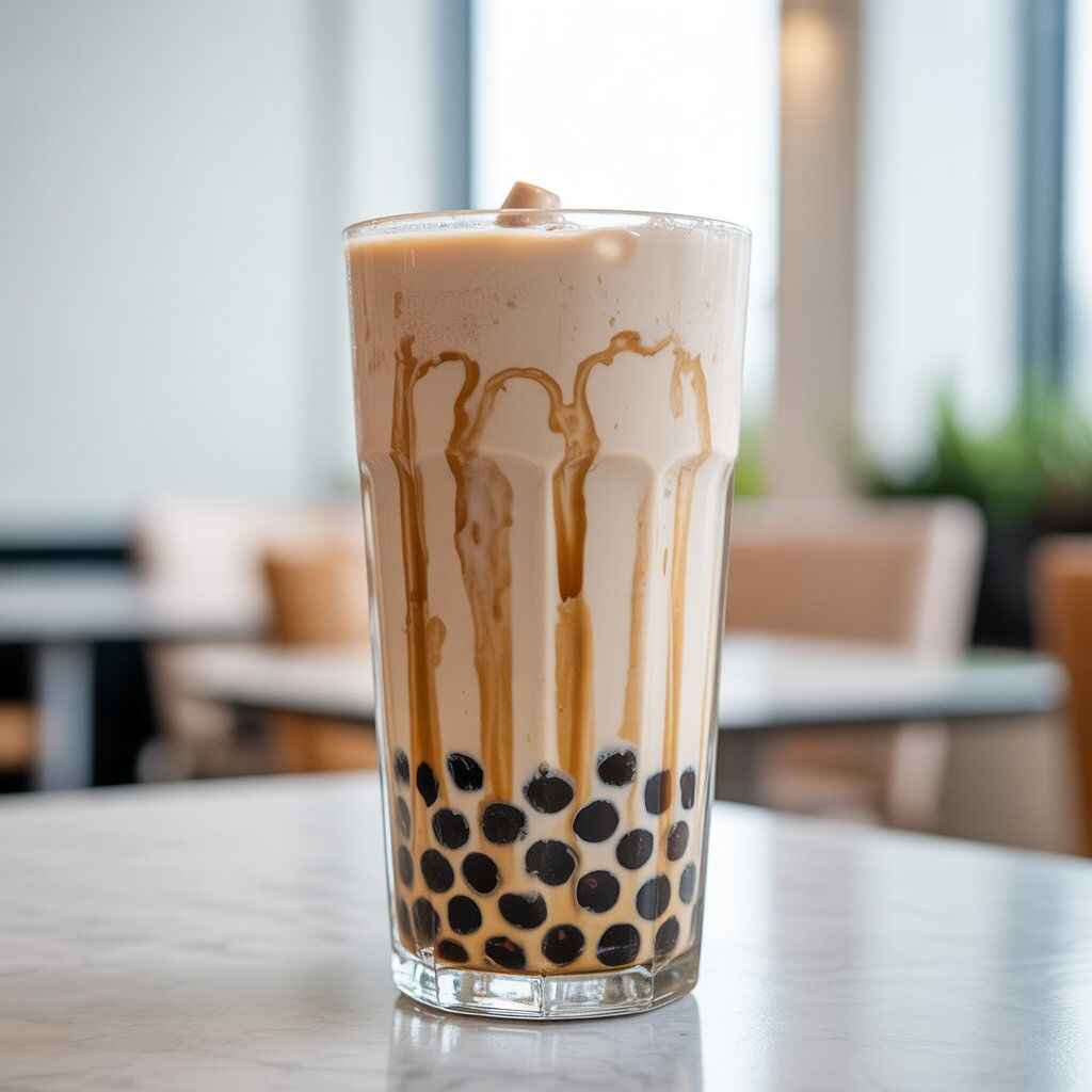 A tall glass of creamy bubble tea with black tapioca pearls at the bottom, served with a wide straw on a bright minimal background.