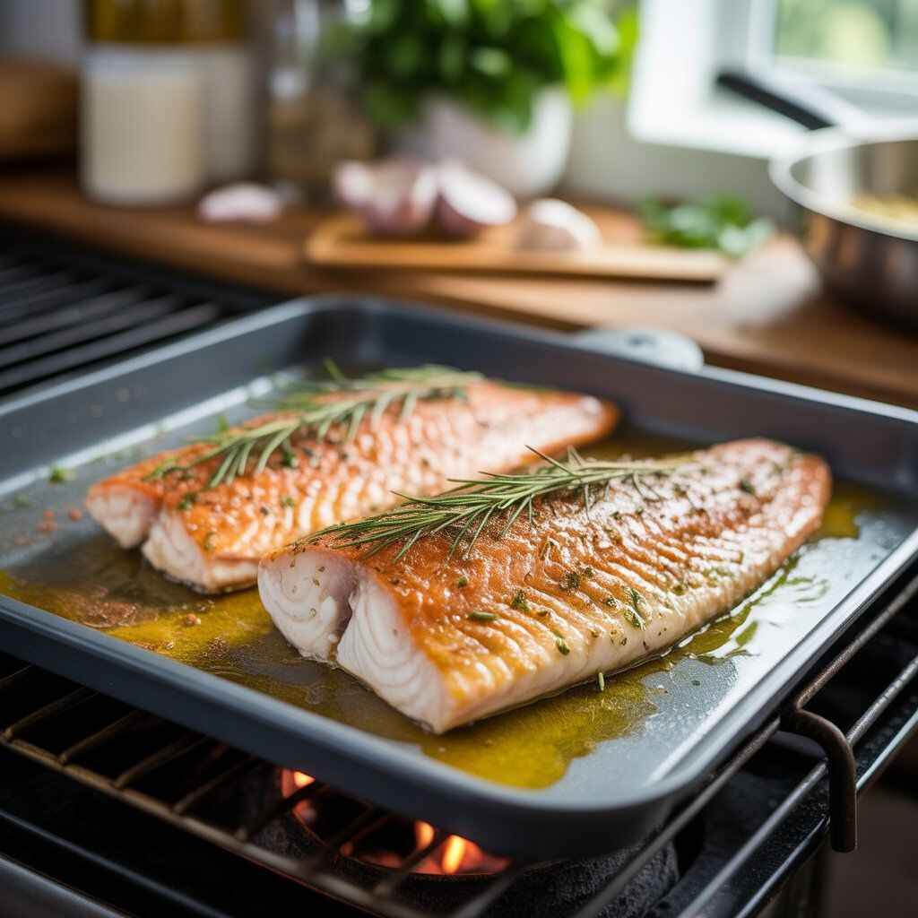 "Fresh catfish fillet being grilled in a kitchen, lightly seasoned with herbs and spices, showcasing a healthy, protein-rich cooking method."