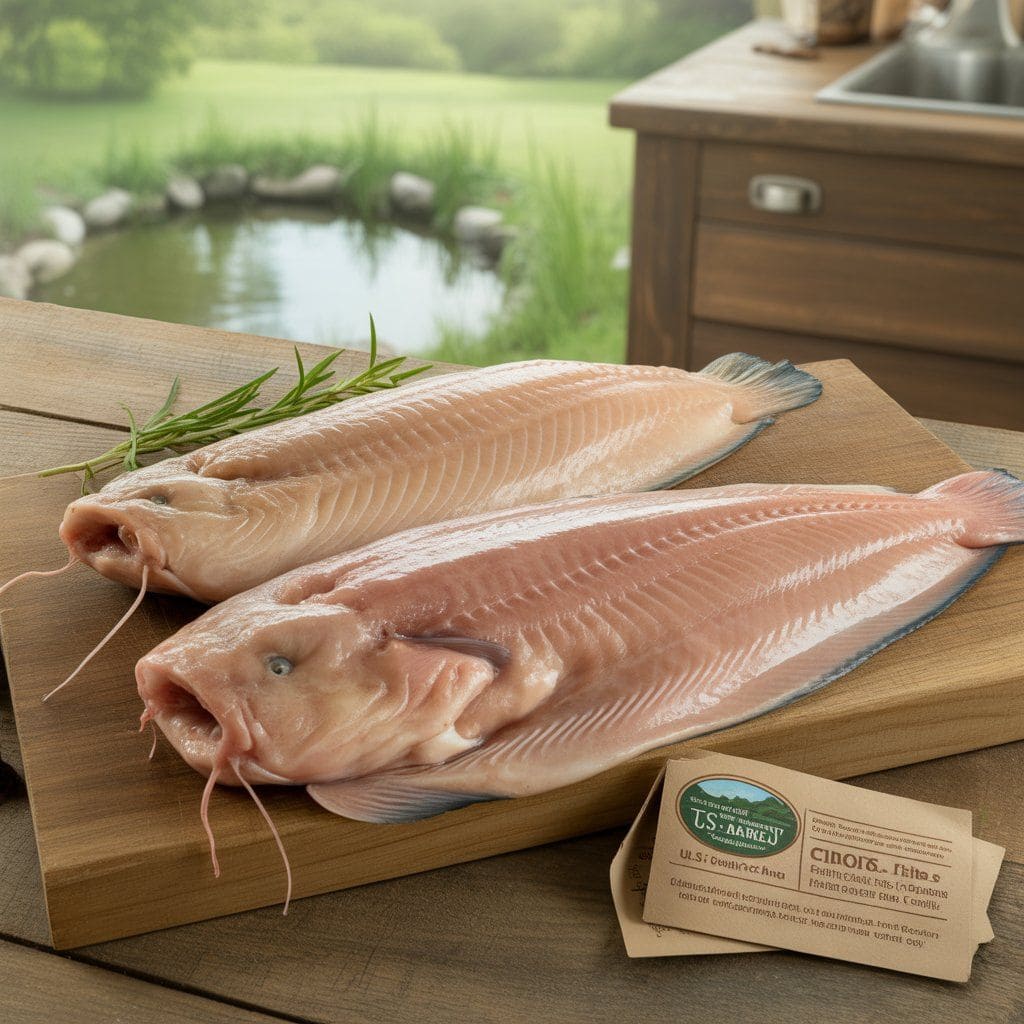 "Fresh catfish fillets on a wooden cutting board with natural lighting, highlighting firm texture and vibrant color, with a subtle eco-friendly background suggesting sustainability and safe food handling