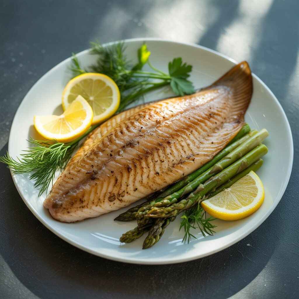 "Grilled catfish fillet with golden-brown texture, served with lemon slices and fresh herbs on a white plate, highlighting lean protein and health benefits."