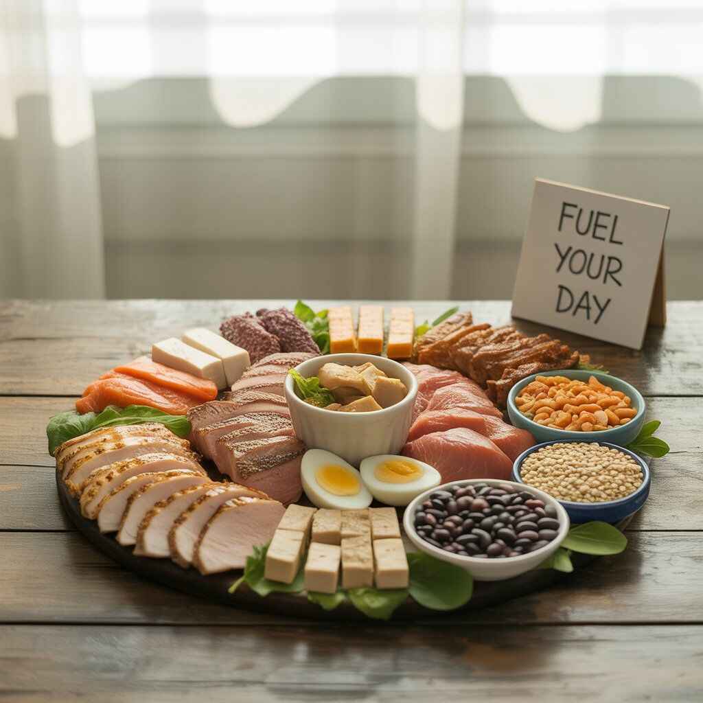 Flat lay of high-protein foods on a wooden table, featuring chicken breast, grilled salmon, lean beef, turkey slices, boiled eggs, tofu cubes, tempeh, a bowl of lentils, black beans, and quinoa, arranged to show balanced animal and plant protein sources.