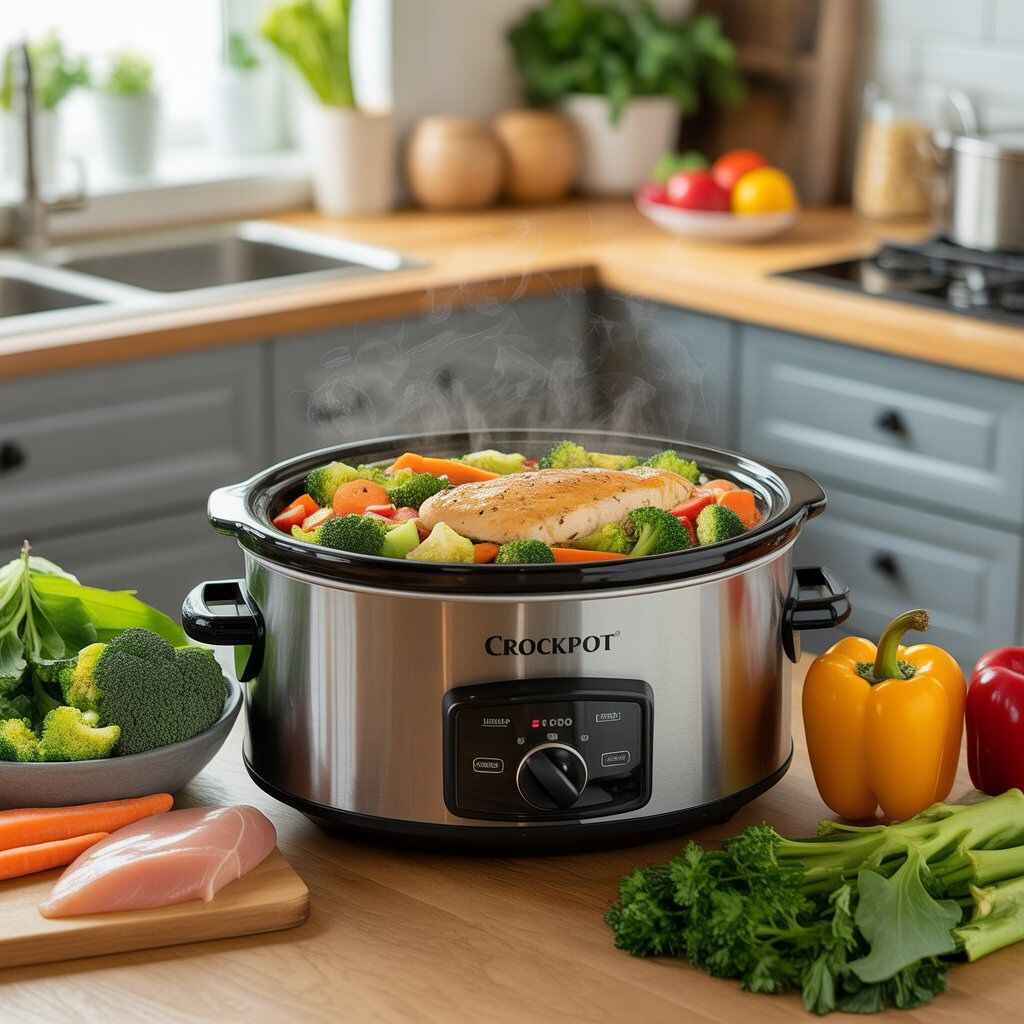 "Healthy crockpot meal with chicken breast, broccoli, carrots, and bell peppers steaming on a kitchen counter, showing an easy high protein low calorie recipe."