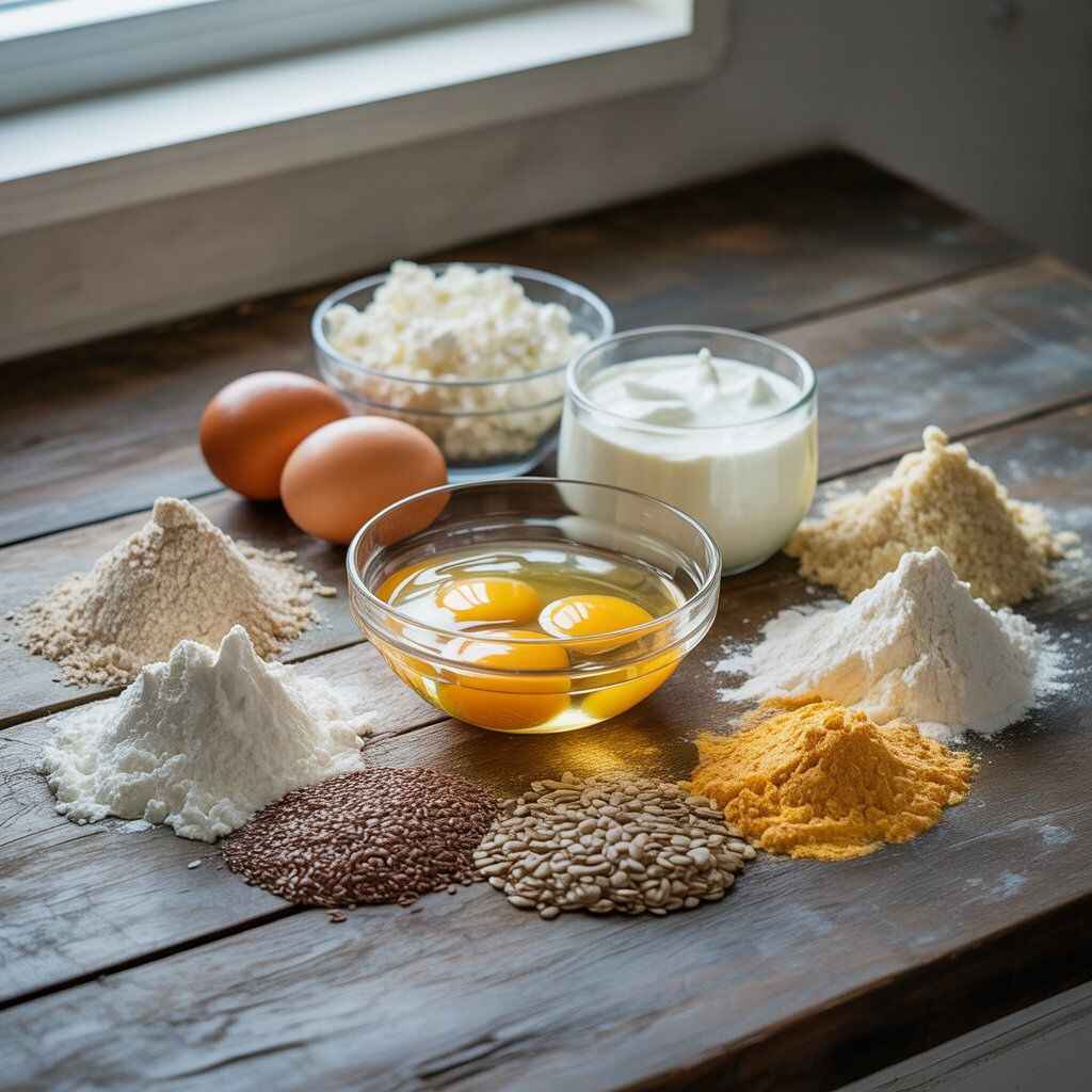"High protein low carb bread ingredients including eggs, cottage cheese, Greek yogurt, almond flour, coconut flour, whey protein powder, pea protein, chia seeds, flax seeds, and sunflower seeds on a rustic wooden table."