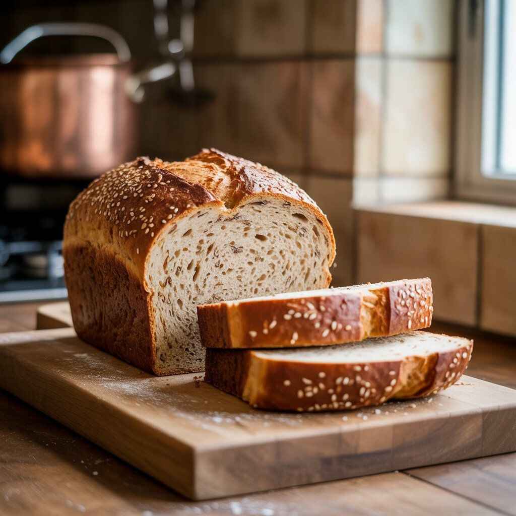 "Freshly baked high protein low carb bread loaf with golden crust and sliced pieces on a wooden cutting board in a rustic kitchen setting."