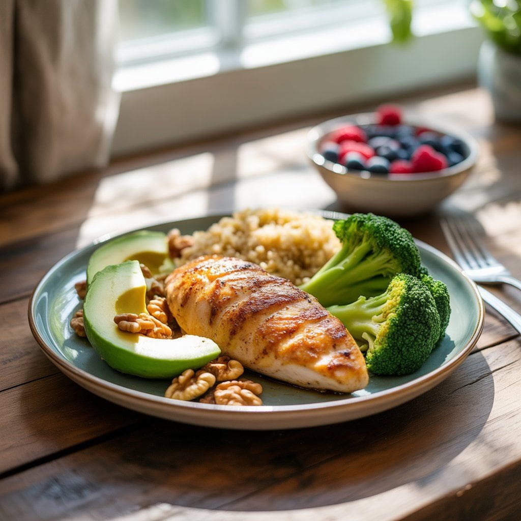 "Grilled chicken with quinoa, steamed broccoli, avocado slices, and nuts served with cottage cheese and berries – a balanced high protein meal."