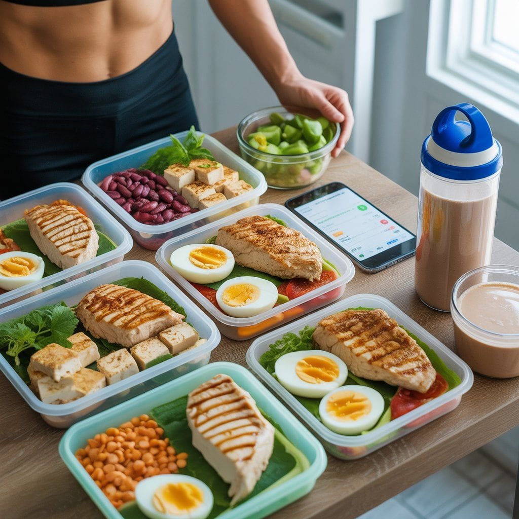 Realistic flat lay of a high-protein meal plan with grilled chicken, eggs, tofu, Greek yogurt, legumes, and a whey protein shake in meal prep containers, alongside a smartphone food tracking app.