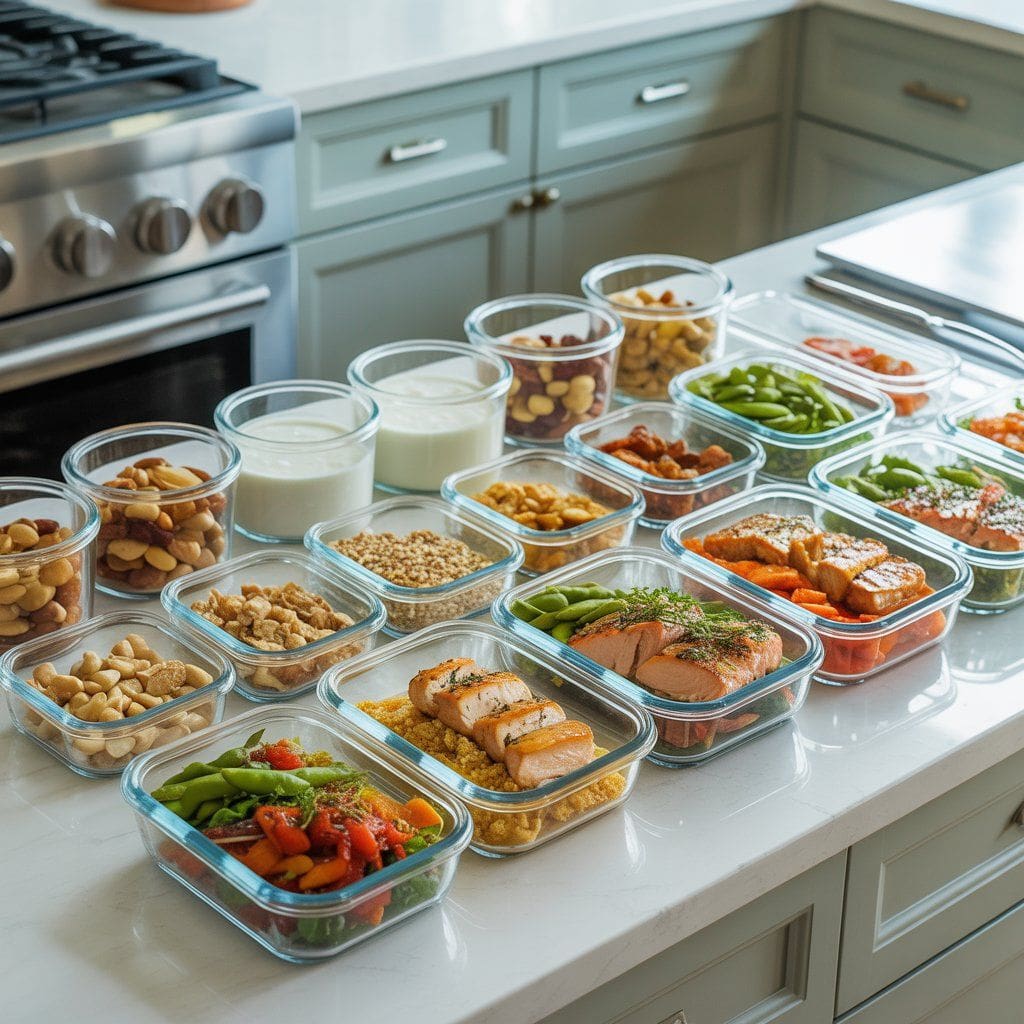 "Meal prep containers with chicken, salmon, tofu, vegetables, quinoa, and pre-portioned snacks like Greek yogurt, nuts, and edamame for a 1700 calorie high protein plan."