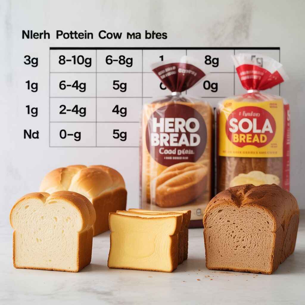 "Side-by-side comparison of homemade and store-bought high protein low carb bread, including cloud bread, cottage cheese loaf, almond flour bread, Hero Bread, and Sola Bread, with a nutrition chart showing protein and net carb values."