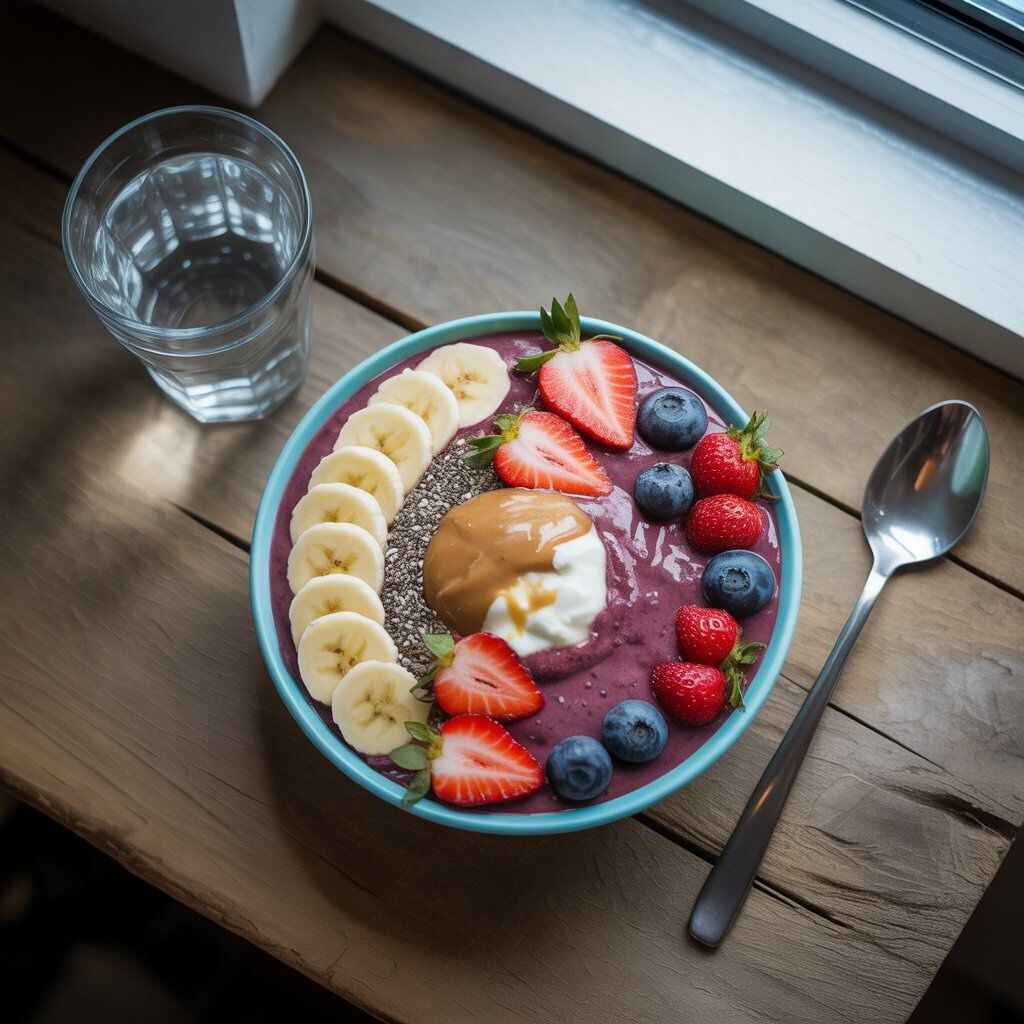 Overhead view of a protein acai bowl topped with sliced bananas, strawberries, blueberries, chia seeds, hemp hearts, almond butter drizzle, and Greek yogurt, served on a wooden table with a spoon and glass of water.