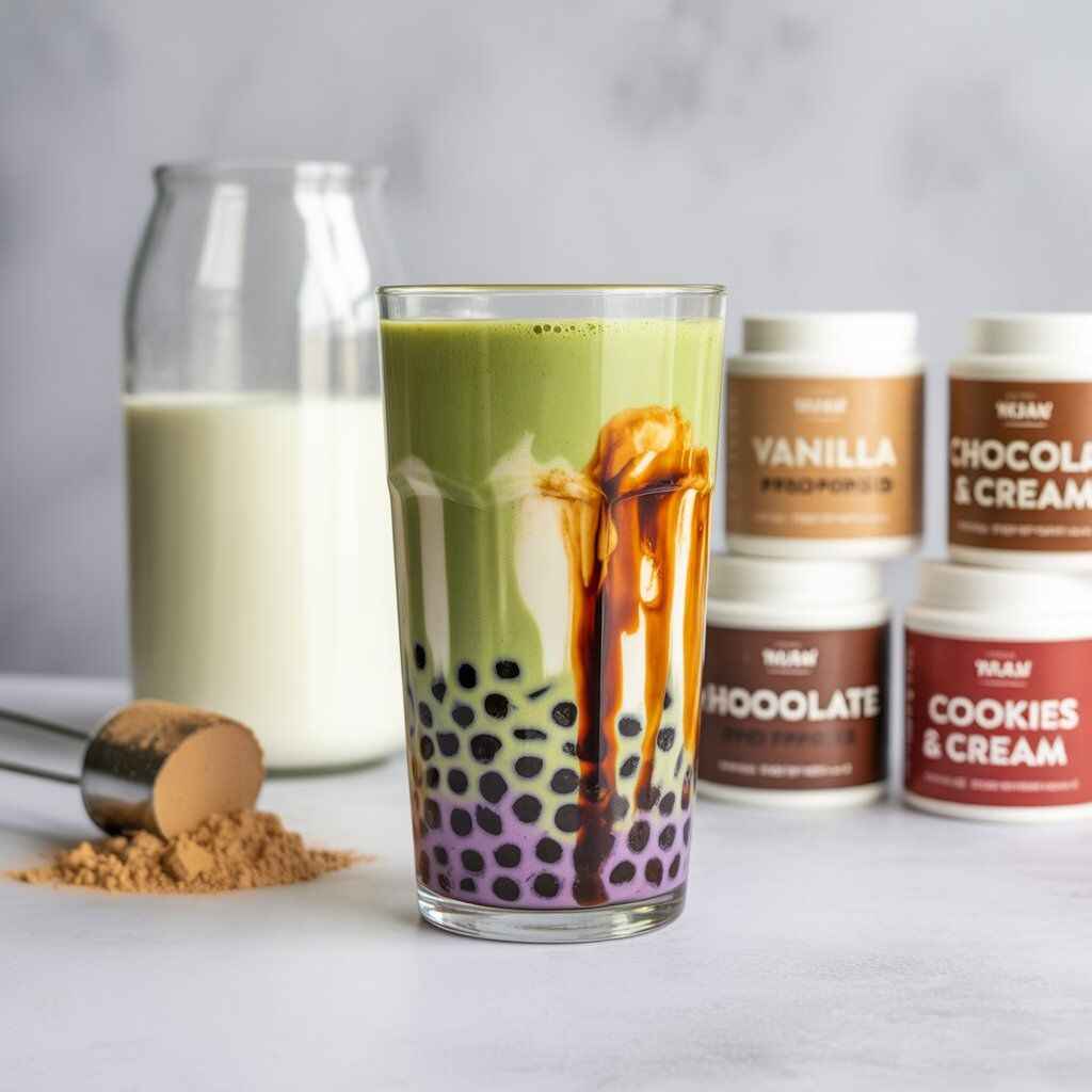 A realistic display of protein boba tea variations — a green matcha boba with tapioca pearls, a purple taro/ube boba, and a spiced Thai tea boba. Nearby are a scoop of protein powder, a milk carton, and protein tubs labeled vanilla, chocolate, and cookies & cream, styled in a bright, appetizing setting.