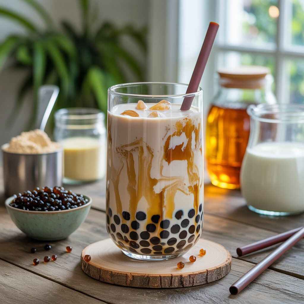 A tall glass of creamy protein boba tea with tapioca pearls, ice cubes, and a bamboo straw, surrounded by tea, milk, and protein powder ingredients on a wooden table.