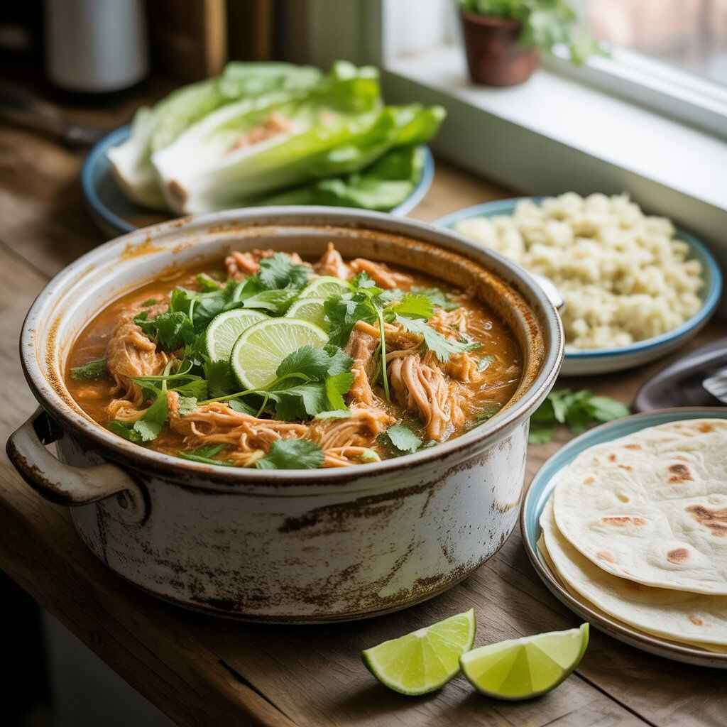 "Shredded chicken in salsa verde served from a crockpot with cilantro, lime, lettuce wraps, cauliflower rice, and tortillas on a rustic table."