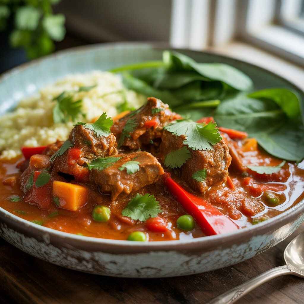 "A bowl of slow cooker beef curry with tender lean beef chunks, tomato-based curry sauce, colorful vegetables, and fresh cilantro, served with cauliflower rice and steamed greens."
