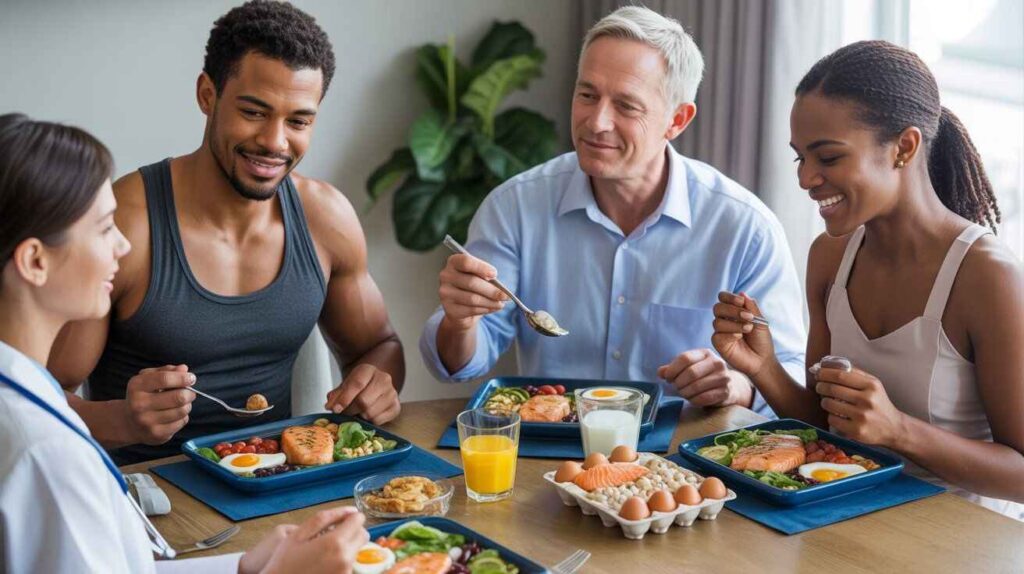 "Active adults, an athlete, and an older adult eating balanced protein-rich meals, highlighting who benefits from a 120g protein plan, with a reminder of medical guidance for some individuals."
