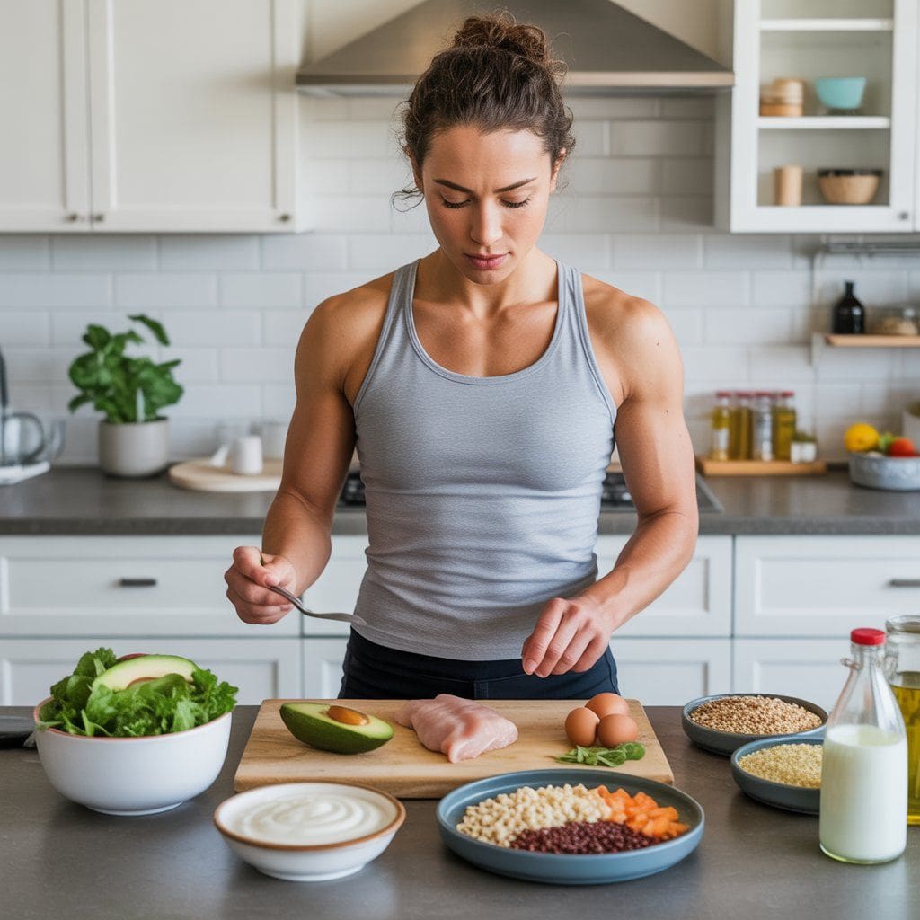 Active adult preparing a 1700 calorie high protein meal with chicken, fish, eggs, yogurt, legumes, grains, and healthy fats, showing balance and sustainability.