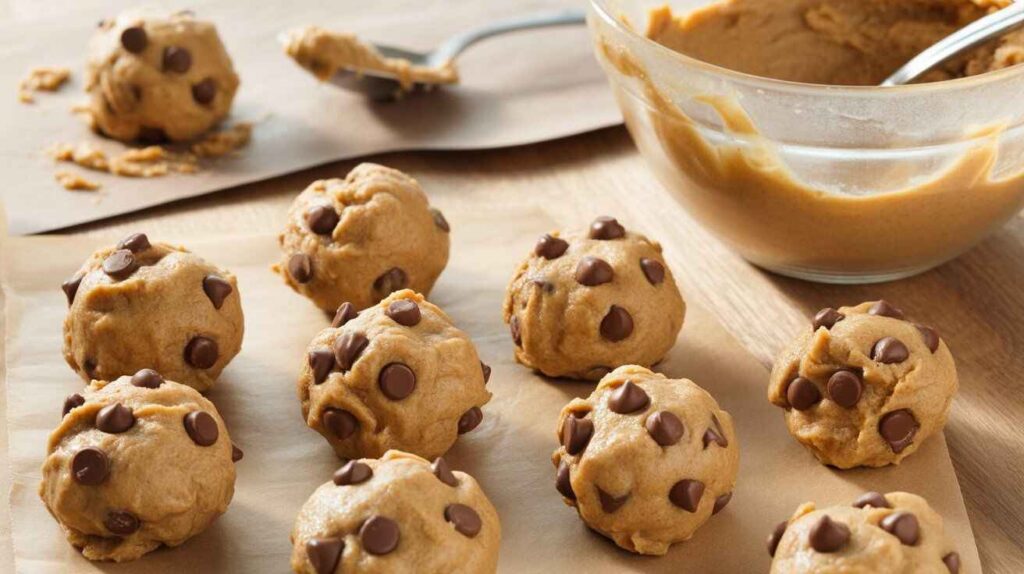 “Realistic close-up of no-bake chocolate chip cookie dough protein bites with visible chocolate chips and creamy texture on a wooden surface.”