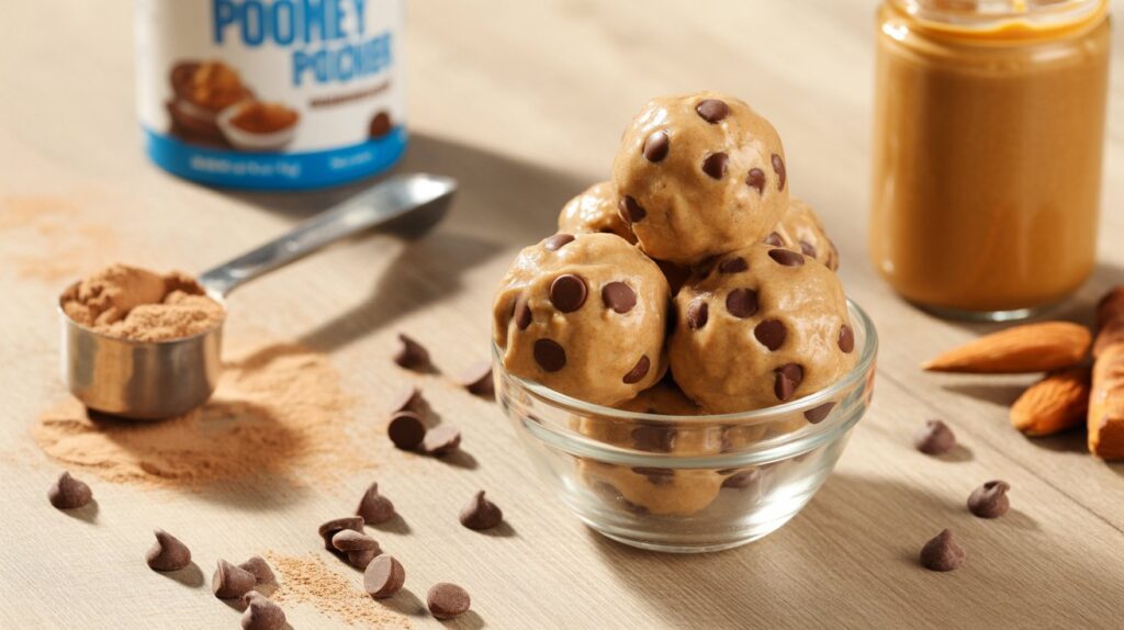 Realistic image of chocolate chip cookie dough protein balls in a bowl with chocolate chips and almond butter, showcasing a healthy high-protein snack.