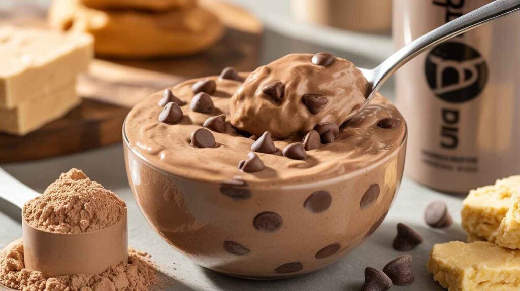 Close-up of creamy chocolate chip cookie dough protein in a bowl, topped with mini chocolate chips, with a spoon scooping into it. Protein powder scoop and shaker bottle in the background, captured in warm natural light for a cozy, healthy dessert vibe.